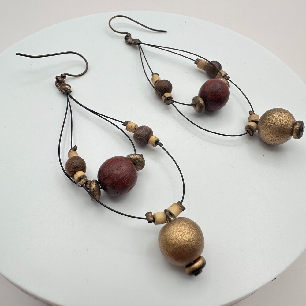 Vintage 90s Wooden Brass Beaded Teardrop Dangle Earrings Women's Jewelry